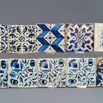 Ten Dutch Delft blue and white ornamental tiles, early 17th C.