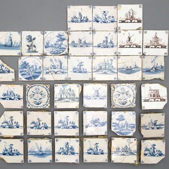 A varied collection of blue and manganese Delft tiles, 17/19th C.