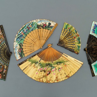 Five Chinese painted paper, wood and lacquer fans, Canton, 19th C.