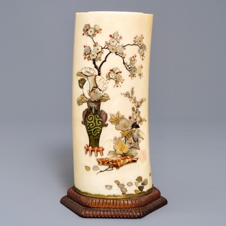 A Japanese Shibayama inlaid ivory brush pot, Meiji, 19th C.