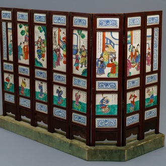 A Chinese inscribed famille rose eight-piece tablescreen, 19th C.