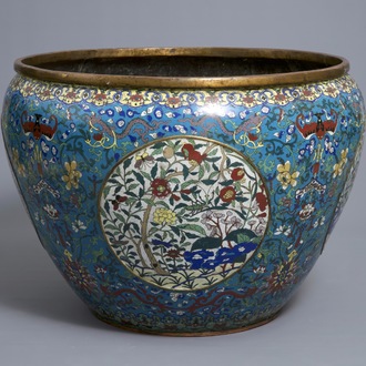 An exceptionally large Chinese gilt bronze and cloisonné fish bowl, Jiaqing