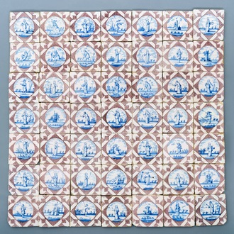 A collection of 96 Dutch Delft blue, white and manganese tiles, 18th C.