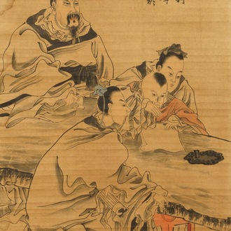 Chinese school, Qing, 19th C.: Calligraphy lessons, ink and color on paper, mounted on scroll