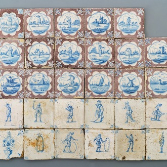 Negenentwintig blauwwitte en mangane Delftse tegels, 17/18e eeuw