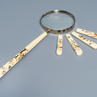 A Japanese Shibayama inlaid ivory magnifier and four handles, Meiji, 19th C.