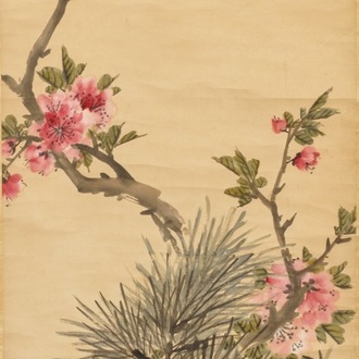 Zhao Zhiqian (China, 1829–1884): 'Three friends of winter', ink and color on paper, mounted on scroll
