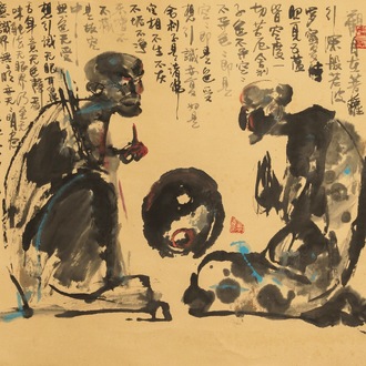 Chinese school, 20e eeuw: Twee figuren en kalligrafie, inkt en kleur op papier, op rol gemonteerd