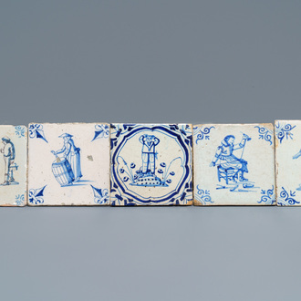 Five Dutch Delft blue and white tiles with large figures, 17th C.