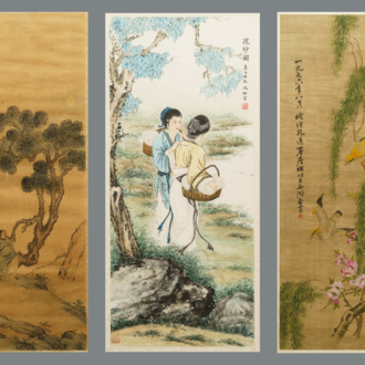 Qiu Qiyun, He Dunren, Chen Shoumei (Chine, 20ème): trois oeuvres encadrées, encre et couleurs sur papier