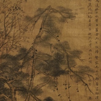 Ecole chinoise, Qing, d'après Wang Fu (1362-1416): Figures dans un paysage, encre et couleurs sur soie, montée en rouleau