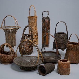 Eleven Japanese bamboo ikebana baskets including three signed examples, Meiji/Showa, 19/20th C.