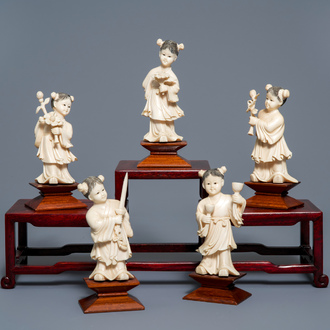 Five Chinese ivory figures of girls with flowers and attributes, ca. 1920