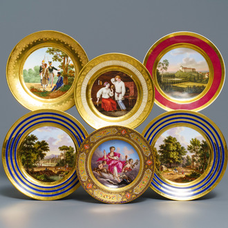 Six gilt porcelain plates, various origins, 18/19th C.