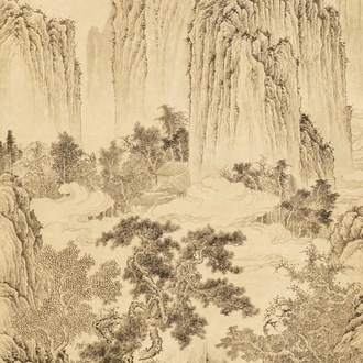 Wu Hufan (Chine, 1894-1968): Paysage montagnard avec personnage, encre sur papier, monté en rouleau