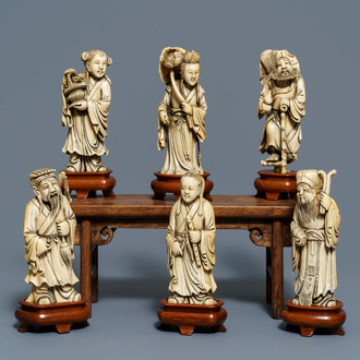 Six figures d'immortels en ivoire sculpté, Chine, 19ème