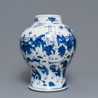 Een Chinese blauw-witte balustervaas met spelende jongens, Kangxi