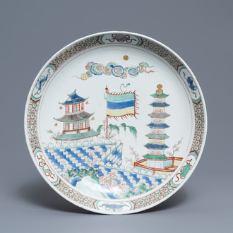 A Chinese famille verte 'pagoda and temple' charger, Kangxi