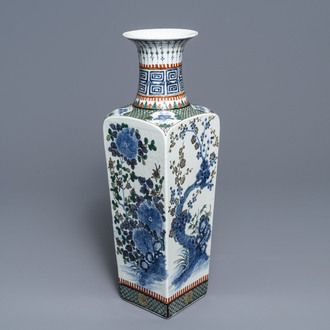 A square Chinese famille verte vase with floral design, 19th C.