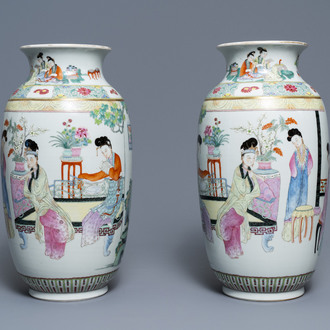 A pair of fine Chinese famille rose 'ladies' vases, Qianlong mark, 19/20th C.