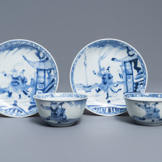 A pair of Chinese blue and white cups and saucers with figures, Ca Mau wreck, Yongzheng