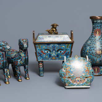 A Chinese cloisonné vase, an incense burner, a ruyi panel and a pair of deer, 18th C. and later