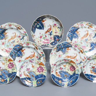 Nine pieces of Chinese famille rose 'Tobacco leaf' porcelain, Qianlong