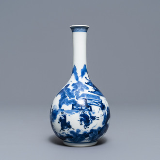 Een Chinese blauw-witte flesvormige vaas met figuren in een landschap, Kangxi
