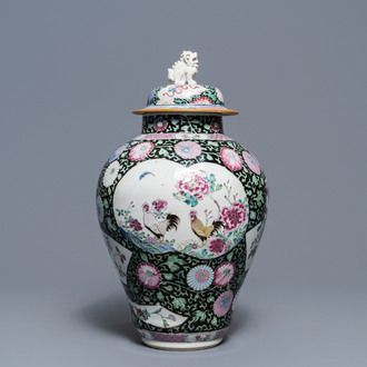 A Chinese famille rose 'rooster' baluster jar and cover, Yongzheng