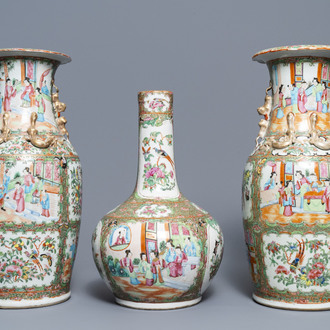 Three Chinese Canton famille rose vases, 19th C.