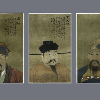 Chinese school, ink and colour on silk, Qing: Three portraits of historical emperors