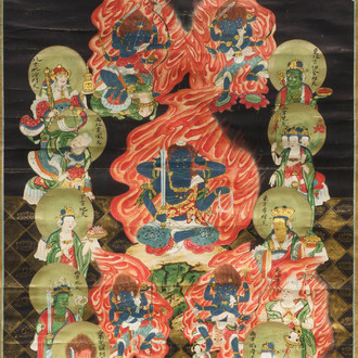 Chinese school, ink and colour on paper, Qing: 'Wrathful Guardians of Buddhism'