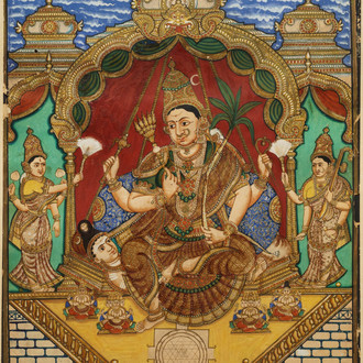 Thanjavur school, South India, pigment and gold leaf on paper, 19/20th C.: 'Vishnu and Lakshmi'