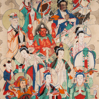 Chinese school, ink and colour on paper, Qing: 'Gods in heaven'