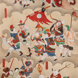 Chinese school, ink and colour on paper, Qing: 'Warriors and deities in heaven'