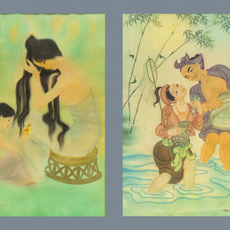 Mai Long (Vietnam, 1931): 'Mère et enfant' et 'La pêche en rivière', encre et couleur sur soie