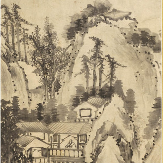 Chinese school, gesign. Chen Shizeng (Chen Hengke)(1876-1923), inkt op papier: 'Berglandschap naar Shen Zhou'