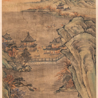 Chinese school, naar Qiu Ying (c.1494-1551/52), inkt en kleur op zijde: 'bergachtig landschap', met inscriptie en gedat. 1545