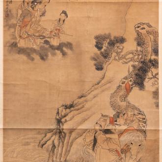 Chinese school, after Ma Shijun (1609-1666), dated 1867, ink and colour on paper: 'figures in a landscape'