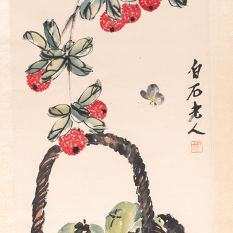 Chinese school, ink and watercolour on paper, 20th C.: 'Lychees and a fruit basket'