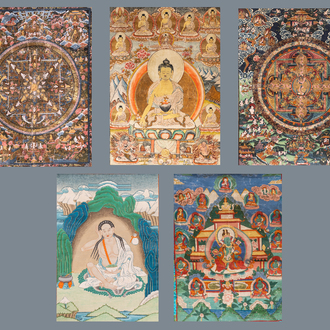 Une collection de cinq thangkas, Tibet, 19/20ème