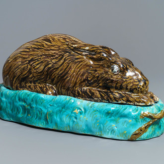 A large polychrome Brussels faience 'hare' tureen and cover, 18th C.