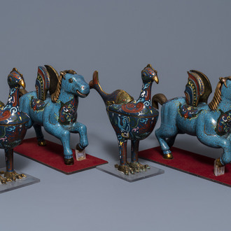 Two pairs of Chinese cloisonné 'phoenix and winged horse' incense burners, 19th C.
