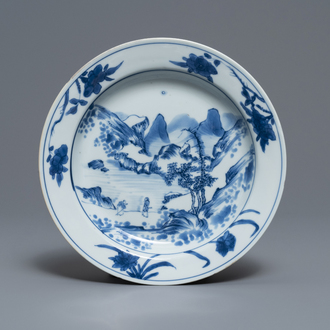 Een Chinees blauw-wit 'Master of the rocks' bord, Kangxi