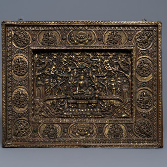 A parcel-gilt coral- and turquoise inlaid bronze votive 'Medicine Buddha' plaque, Tibet or Nepal, 19th C.