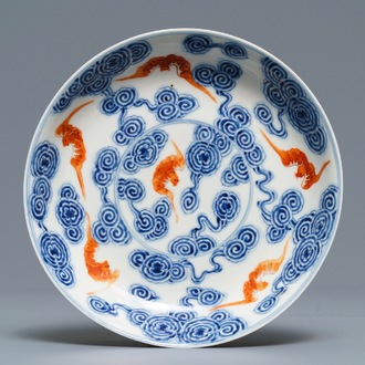 A Chinese blue, white and iron red 'bats and clouds' plate, Guangxu mark, 19/20th C.