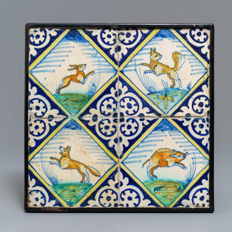 Quatre carreaux en faïence de Delft polychrome à décor d'animaux, vers 1600