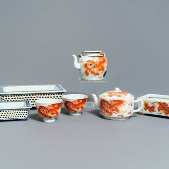 Five pieces of Chinese iron red-decorated porcelain and two double-walled blue and white jardinières, 19th C.
