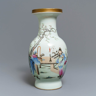 A Chinese famille rose vase with figures in a garden, Qianlong mark, Republic, 20th C.