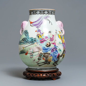 A Chinese famille rose hu vase with warriors on horseback, Qianlong mark, Republic, 20th C.